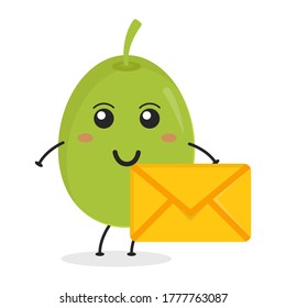 Cute flat cartoon olive holding an envelope illustration. Vector illustration of cute olive with a smiling expression.	