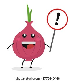 Cute flat cartoon onion holding a sign illustration. Vector illustration of cute onion with a smiling expression.