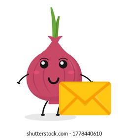 Cute flat cartoon onion holding an envelope illustration. Vector illustration of cute onion with a smiling expression.