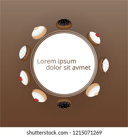 Cute flat cartoon  page template with lable with many cinds of doughnuts  , donut tasty sweet jelly doughnut hanukkah symbol Raspberry Jelly , chocolate , white chocolate, dolce de leche
