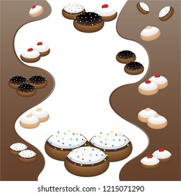 Cute flat cartoon  page template with many cinds of doughnuts  , donut tasty sweet jelly doughnut hanukkah symbol Raspberry Jelly , chocolate , white chocolate, dolce de leche