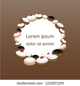 Cute flat cartoon  page template with lable with many cinds of doughnuts  , donut tasty sweet jelly doughnut hanukkah symbol Raspberry Jelly , chocolate , white chocolate, dolce de leche
