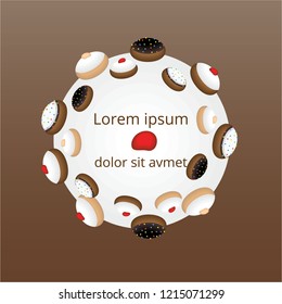 Cute flat cartoon  page template with lable with many cinds of doughnuts  , donut tasty sweet jelly doughnut hanukkah symbol Raspberry Jelly , chocolate , white chocolate, dolce de leche
