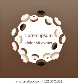 Cute flat cartoon  page template with lable with many cinds of doughnuts  , donut tasty sweet jelly doughnut hanukkah symbol Raspberry Jelly , chocolate , white chocolate, dolce de leche
