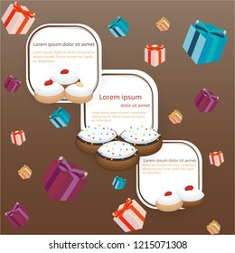 Cute flat cartoon  page template with many cinds of doughnuts  , donut tasty sweet jelly doughnut hanukkah symbol Raspberry Jelly , chocolate , white chocolate, dolce de leche