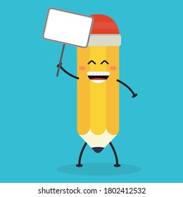 Cute flat cartoon pencil holding a sign illustration. Vector illustration of a cute pencil with a smiling expression.