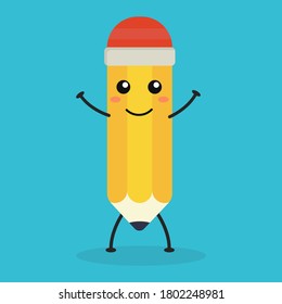 Cute flat cartoon pencil illustration. Vector illustration of a cute pencil with a smiling expression.