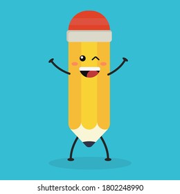 Cute flat cartoon pencil illustration. Vector illustration of a cute pencil with a smiling expression.