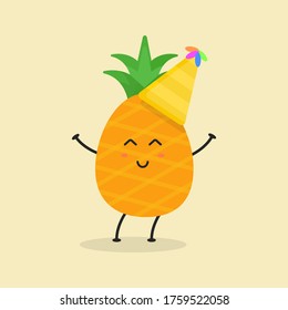 Ilustración de piña de caricatura plana. Ilustración vectorial de la piña linda con una expresión sonriente. Diseño de mascota de piña