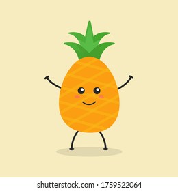 Cute Flat Cartoon Pineapple Illustration. Vector illustration of cute pineapple with a smiling expression. Cute pineapple mascot design