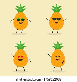 Cute Flat Cartoon Pineapple Illustration. Vector illustration of cute pineapple with a smiling expression. Cute pineapple mascot design