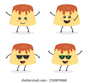 Cute Flat Cartoon Pudding Illustration. Vector illustration of cute chocolate pudding with a smiling expression. Cute pudding mascot design