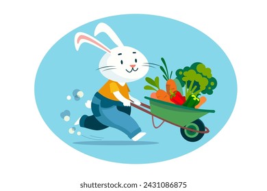 Cute flat cartoon rabbit with vegetables in wheelbarrow. Farm and garden, plants. Scene for stickers and design. Vector flat isolated illustration on white background.