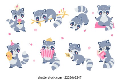 Cute flat cartoon raccoon set. Raccoons various poses, funny animal caricature. Woodland nowaday vector characters read, play music, sleep and eating