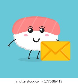 Cute flat cartoon salmon sushi illustration holding an envelope. Vector illustration of sushi with a smiling expression. Cute salmon sushi with an envelope mascot design