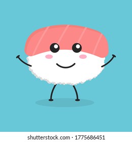 Cute flat cartoon salmon sushi holding a sign illustration. Vector illustration of cute sushi with a smiling expression. Cute salmon sushi with a sign mascot design