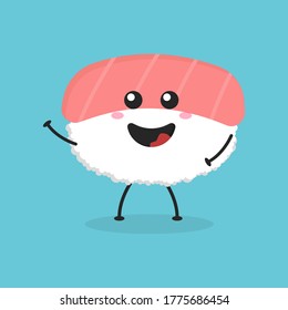 Cute flat cartoon salmon sushi holding a sign illustration. Vector illustration of cute sushi with a smiling expression. Cute salmon sushi with a sign mascot design