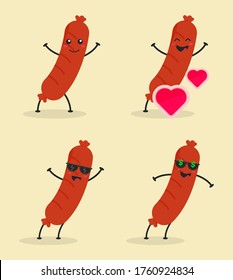 Cute Flat Cartoon Sausage Illustration. Vector illustration of cute Sausage with smilling expression. Cute Sausage mascot design