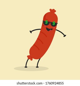 Cute Flat Cartoon Sausage Illustration. Vector illustration of cute Sausage with smilling expression. Cute Sausage mascot design