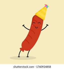 Cute Flat Cartoon Sausage Illustration. Vector illustration of cute Sausage with smilling expression. Cute Sausage mascot design