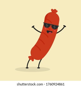 Cute Flat Cartoon Sausage Illustration. Vector illustration of cute Sausage with smilling expression. Cute Sausage mascot design