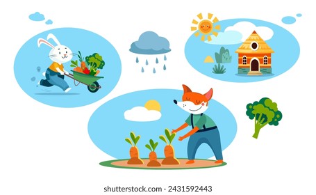 Cute flat cartoon set fox with carrot, vegetables, rabbit with wheelbarrow. Farm and garden, plants. Scenes, badges for stickers and design. Vector flat isolated illustration on white background.