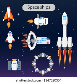 Cute flat cartoon seven space ships. EPS10 editable vector file. 