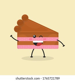 Cute Flat Cartoon Sliced Cake Illustration. Vector illustration of cute sliced cake with a smiling expression. Cute cake mascot design