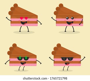 Ilustración de tarta cortada de caricatura plana. Ilustración vectorial de una tarta tibia con una expresión sonriente. Diseño de mascota de torta