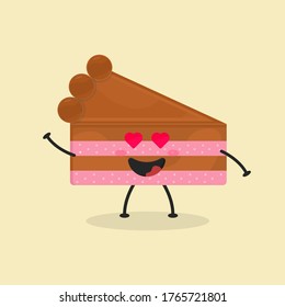 Ilustración de tarta cortada de caricatura plana. Ilustración vectorial de una tarta tibia con una expresión sonriente. Diseño de mascota de torta