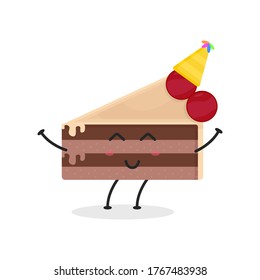 Ilustración de tarta cortada de caricatura plana. Ilustración vectorial de una tarta tibia con una expresión sonriente. 