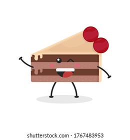 Cute Flat Cartoon Sliced Cake Illustration. Vector illustration of cute sliced cake with a smiling expression. 