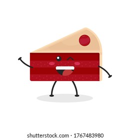 Ilustración de tarta cortada de caricatura plana. Ilustración vectorial de una tarta tibia con una expresión sonriente. 