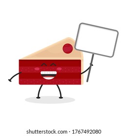 Cute flat cartoon sliced cake holding a sign Illustration. Vector illustration of cute sliced cake with a smiling expression.