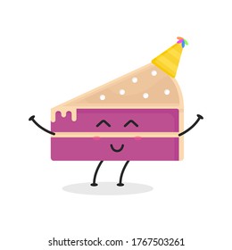 Cute flat cartoon sliced cake illustration. Vector illustration of cute sliced cake with a smiling expression. 