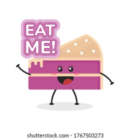 Cute flat cartoon sliced cake illustration. Vector illustration of cute sliced cake with a smiling expression. 