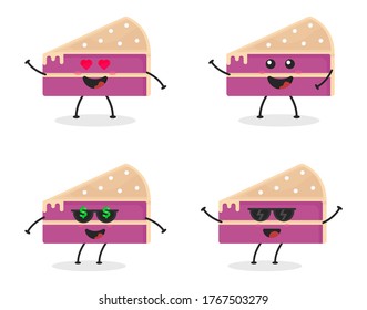 Cute flat cartoon sliced cake illustration. Vector illustration of cute sliced cake with a smiling expression. 