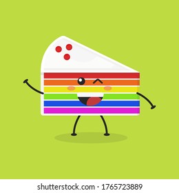 Cute Flat Cartoon Sliced Rainbow Cake Illustration. Vector illustration of cute sliced cake with a smiling expression. Cute rainbow cake mascot design