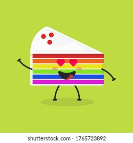 Cute Flat Cartoon Sliced Rainbow Cake Illustration. Vector illustration of cute sliced cake with a smiling expression. Cute rainbow cake mascot design