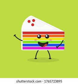 Cute Flat Cartoon Sliced Rainbow Cake Illustration. Vector illustration of cute sliced cake with a smiling expression. Cute rainbow cake mascot design