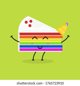 Cute Flat Cartoon Sliced Rainbow Cake Illustration. Vector illustration of cute sliced cake with a smiling expression. Cute rainbow cake mascot design