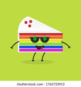 Ilustración de un pastel de arcoiris cortado en una tirita plana. Ilustración vectorial de una tarta tibia con una expresión sonriente. Diseño de mascota de torta arco iris