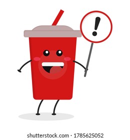 Dibujo plano de dibujos animados de gaseosas con un cartel. Ilustración vectorial de un lindo refresco con una expresión sonriente.