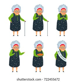 Cute flat cartoon style grandmother illustration set. Old lady smiling, proud, happy, excited, showing, scold, hold a pie, winking, relies on a cane. Shoulder sashes with the inscription best granny.