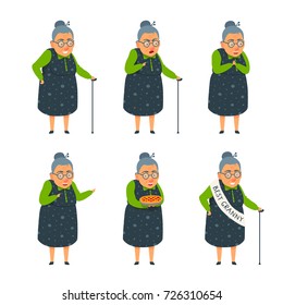 Cute flat cartoon style grandmother illustration set. Old lady smiling, proud, happy, excited, showing, scold, hold a pie, winking, relies on a cane. Shoulder sashes with the inscription best granny.