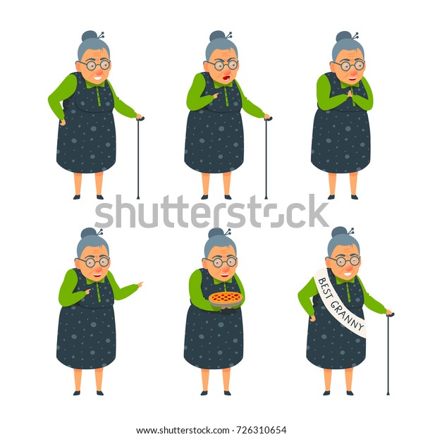 かわいい平らな漫画風のおばあちゃんイラストセット 老婦人は微笑み 誇り高く 幸せで 興奮し 見せびらかし スコールド パイを持ち ウインキングをし 杖に頼る 銘文を持つ肩のサッシュが一番いい のベクター画像素材 ロイヤリティフリー