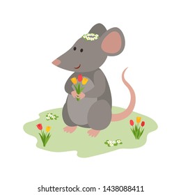 Cute flat cartoon style rat with tulip bouquet Isolated on white background. Nice mouse icon. 2020 year symbol of Сhinese horoscope. Year of the rat.