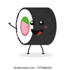Cute flat cartoon sushi holding a sign illustration. Vector illustration of cute sushi with a smiling expression. Cute sushi with a sign mascot design