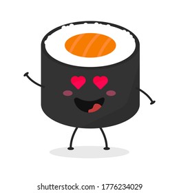 Cute flat cartoon sushi holding a sign illustration. Vector illustration of cute sushi with a smiling expression. Cute sushi with a sign mascot design