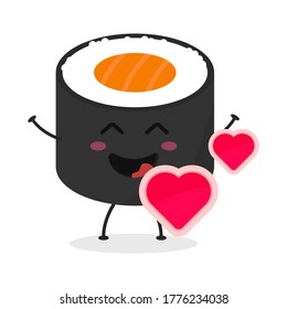Cute flat cartoon sushi holding a sign illustration. Vector illustration of cute sushi with a smiling expression. Cute sushi with a sign mascot design